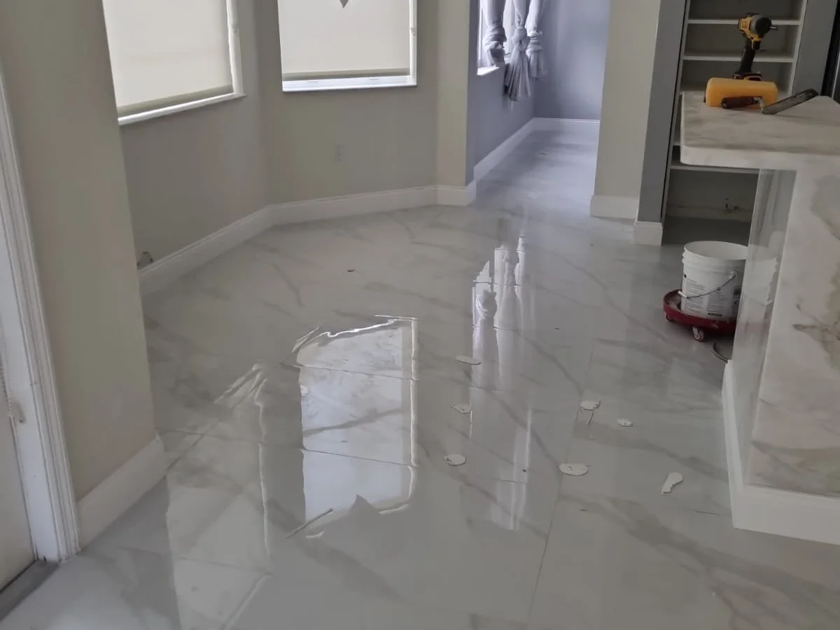 Glossy marble-look tile floor